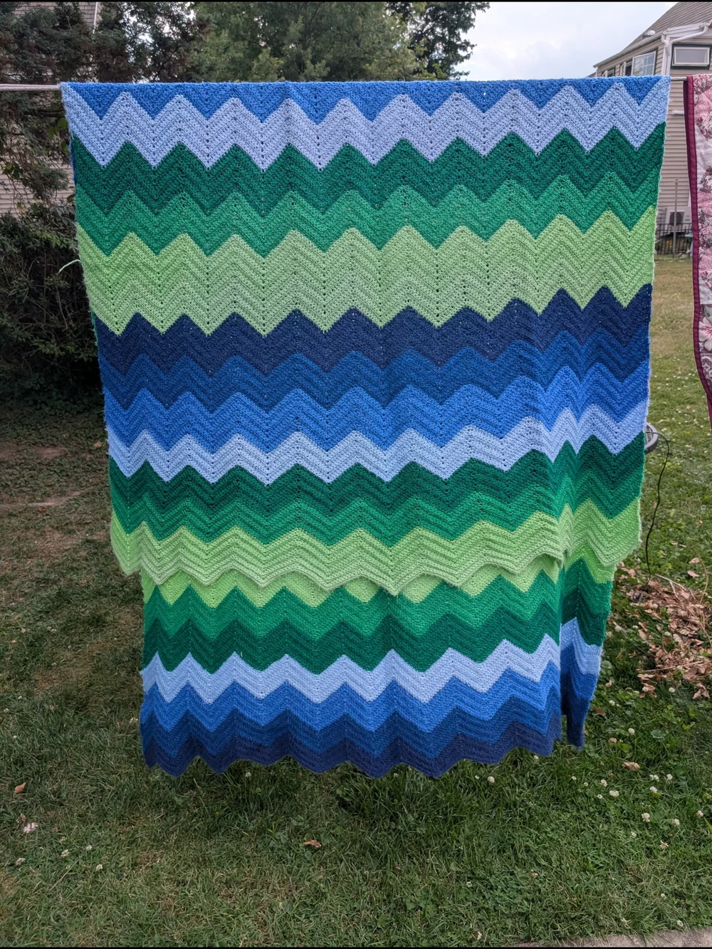 Handmade Chevron Crochet Throw Blanket in Blue & Green